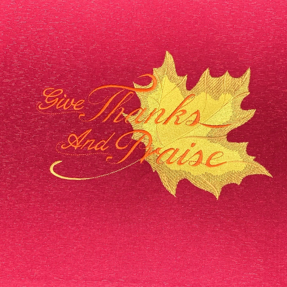 Set Of Two Give Thanks & Praise Embroidered on Large Shiny Red Placemats
